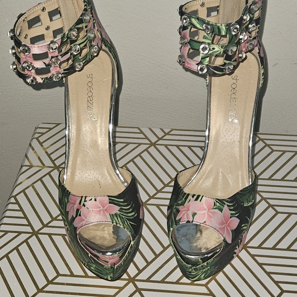 Stylish Floral Heels with Studded Ankle Strap